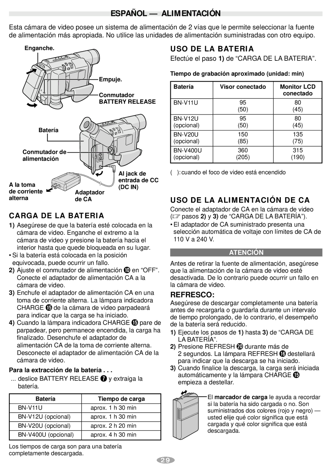 JVC GR-AXM241 manual Español Alimentación, Carga DE LA Bateria, USO DE LA Bateria, USO DE LA Alimentación DE CA, Refresco 