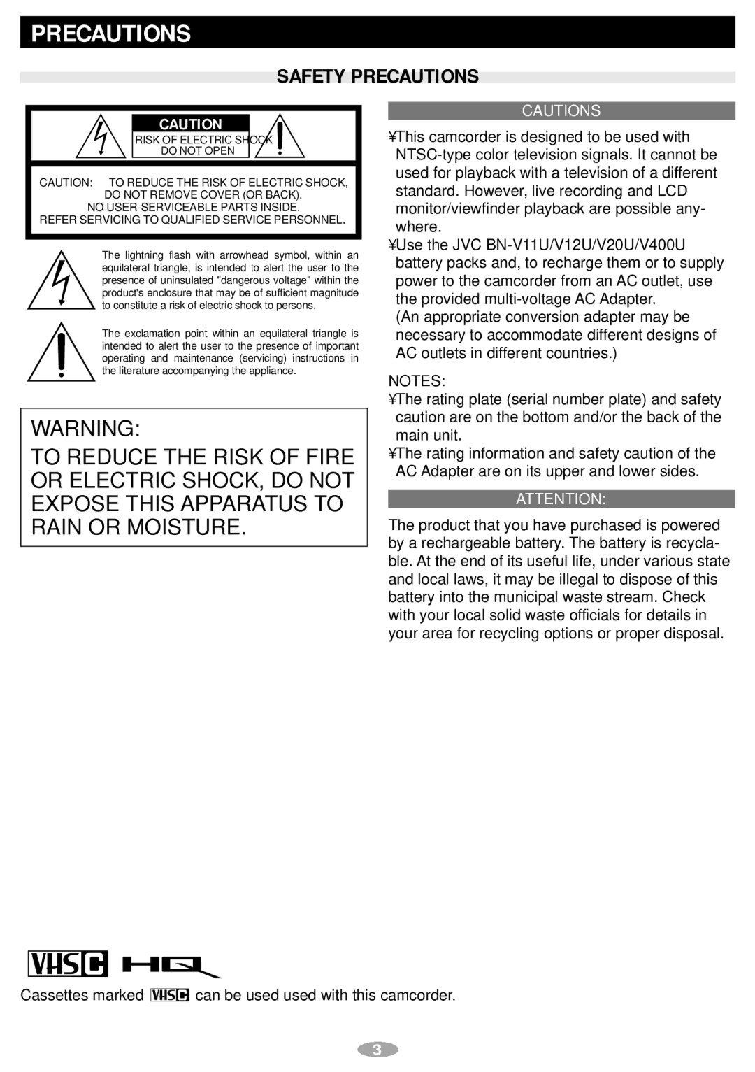 JVC GR-AXM241 manual Safety Precautions 