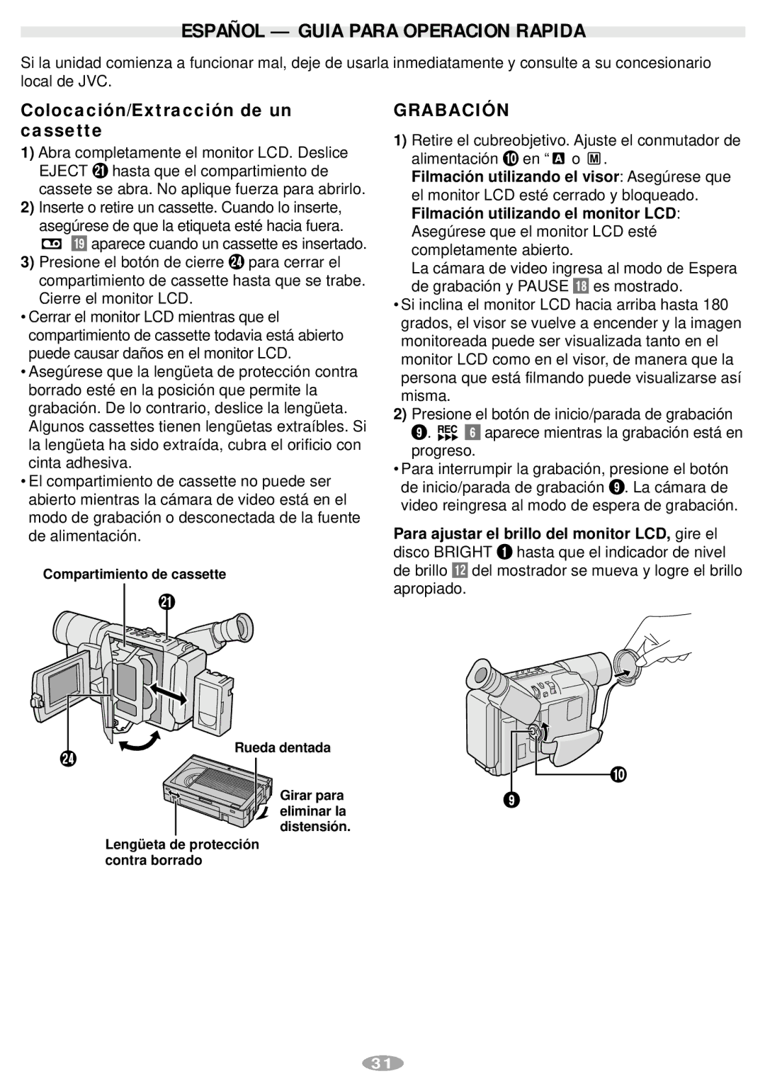 JVC GR-AXM241 manual Español Guia Para Operacion Rapida, Colocación/Extracción de un cassette, Grabación 