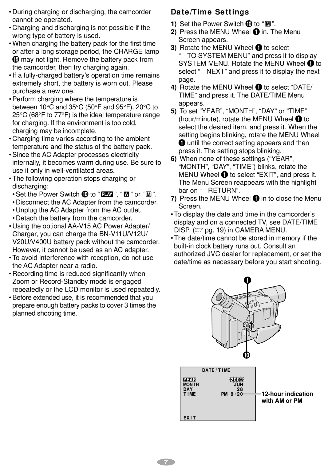 JVC GR-AXM241 manual Date/Time Settings, With AM or PM 