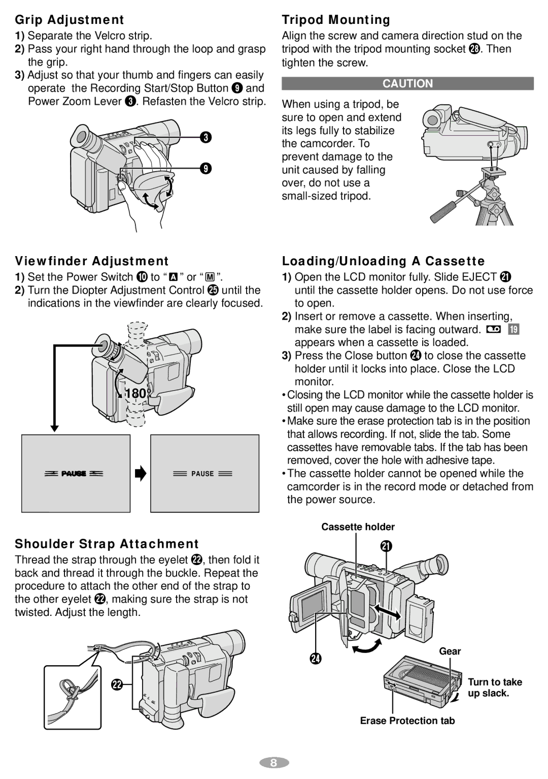 JVC GR-AXM241 manual Grip Adjustment, Viewfinder Adjustment, 180, Shoulder Strap Attachment, Tripod Mounting 