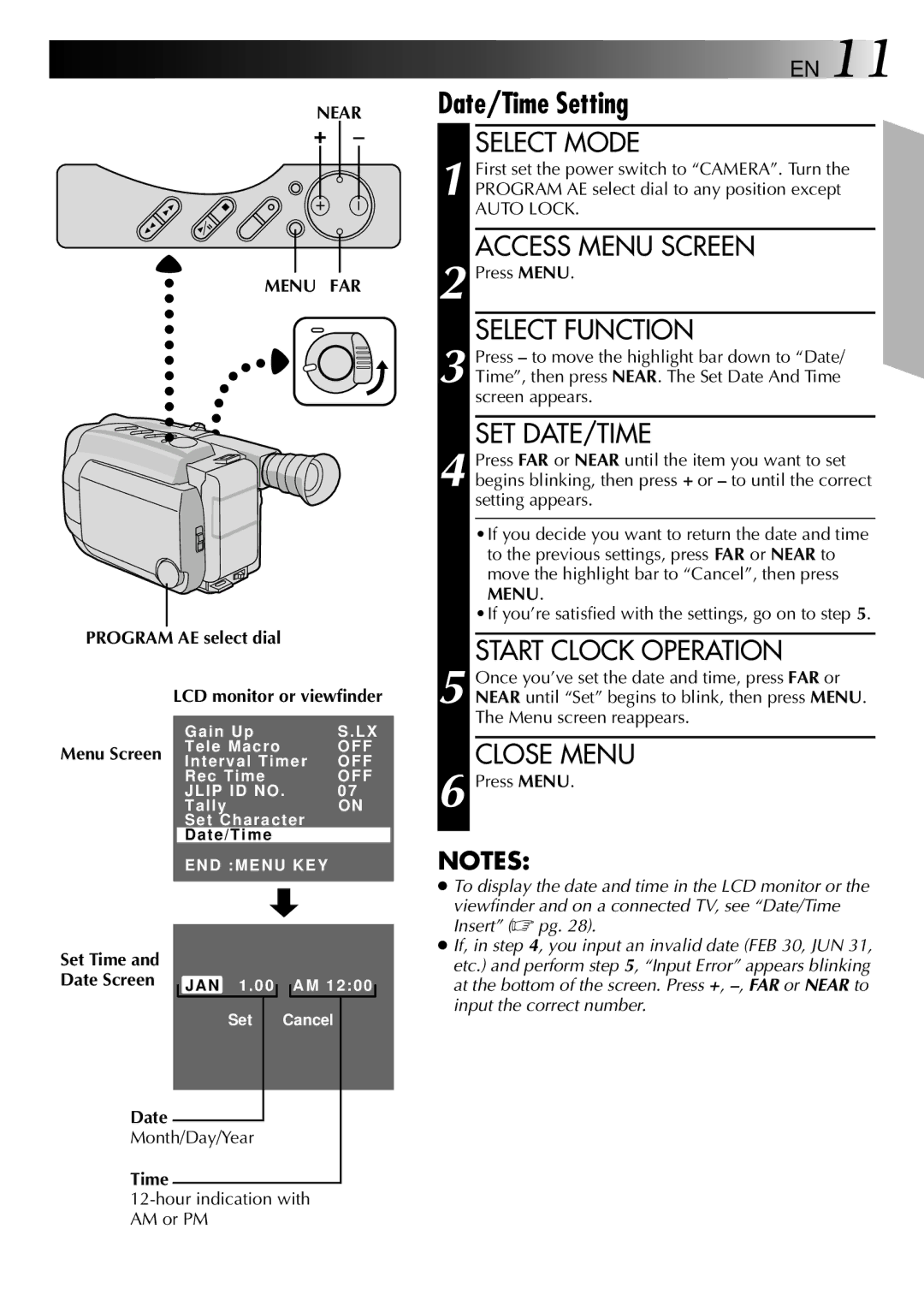 JVC GR-AXM25 manual Start Clock Operation, Close Menu, Near Menu FAR 