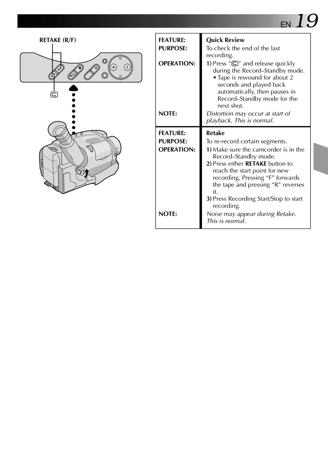 JVC GR-AXM25 manual Feature, Quick Review, To check the end of the last Recording, Retake, To re-record certain segments 