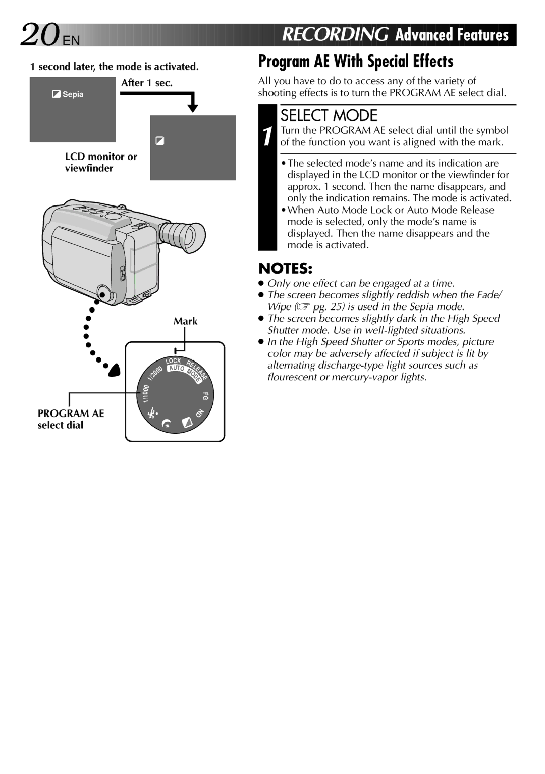 JVC GR-AXM25 manual Program AE With Special Effects, After 1 sec, Mark, Program AE select dial 