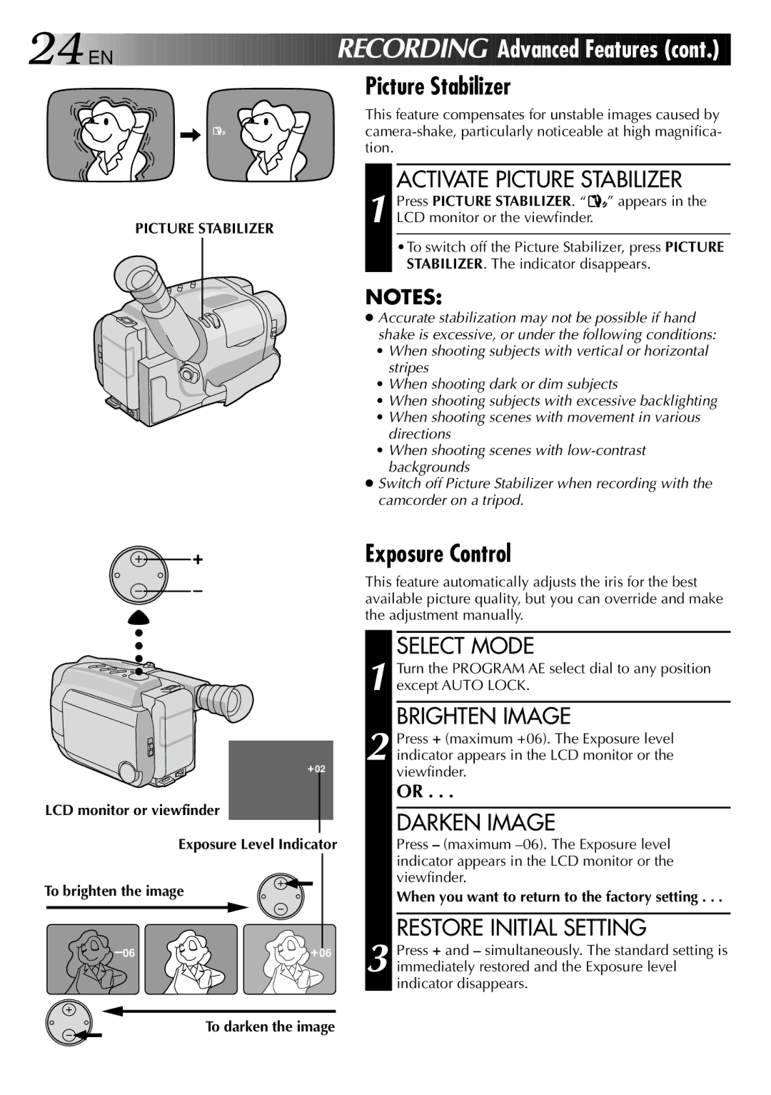 JVC GR-AXM25 manual Picture Stabilizer, Exposure Control 