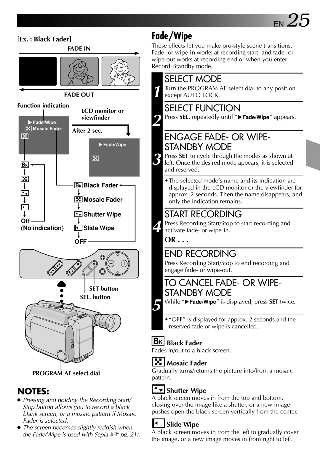 JVC GR-AXM25 manual Fade/Wipe, Select Function, Engage FADE- or Wipe Standby Mode, END Recording 