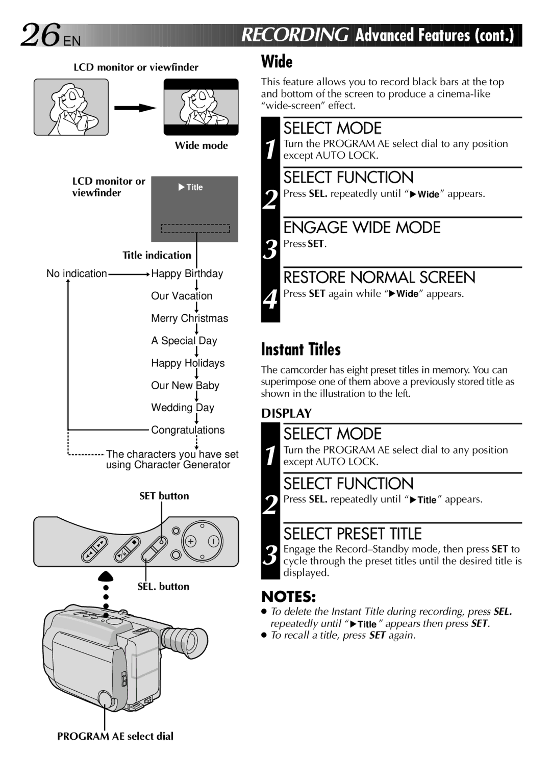 JVC GR-AXM25 manual Instant Titles, Engage Wide Mode, Restore Normal Screen, Select Preset Title 