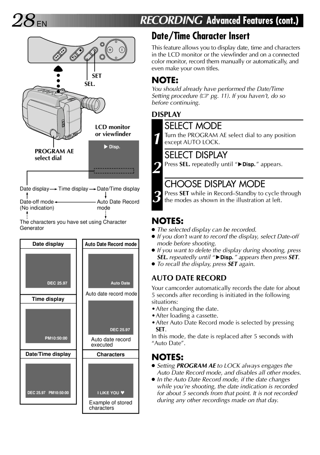 JVC GR-AXM25 manual Date/Time Character Insert, Select Display, Choose Display Mode, Set Sel 