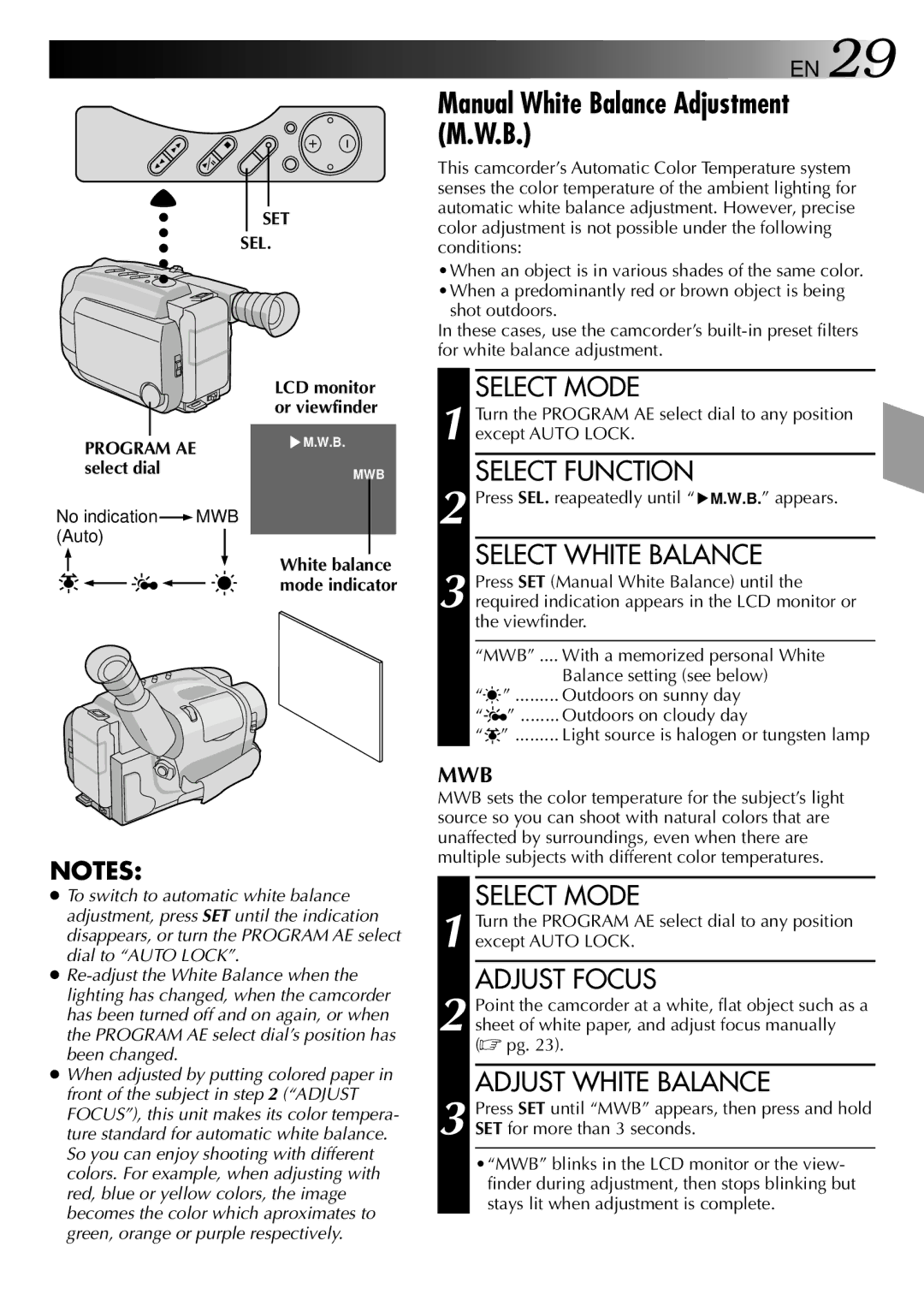 JVC GR-AXM25 Manual White Balance Adjustment M.W.B, Select White Balance, Adjust Focus, Adjust White Balance, Program AE 