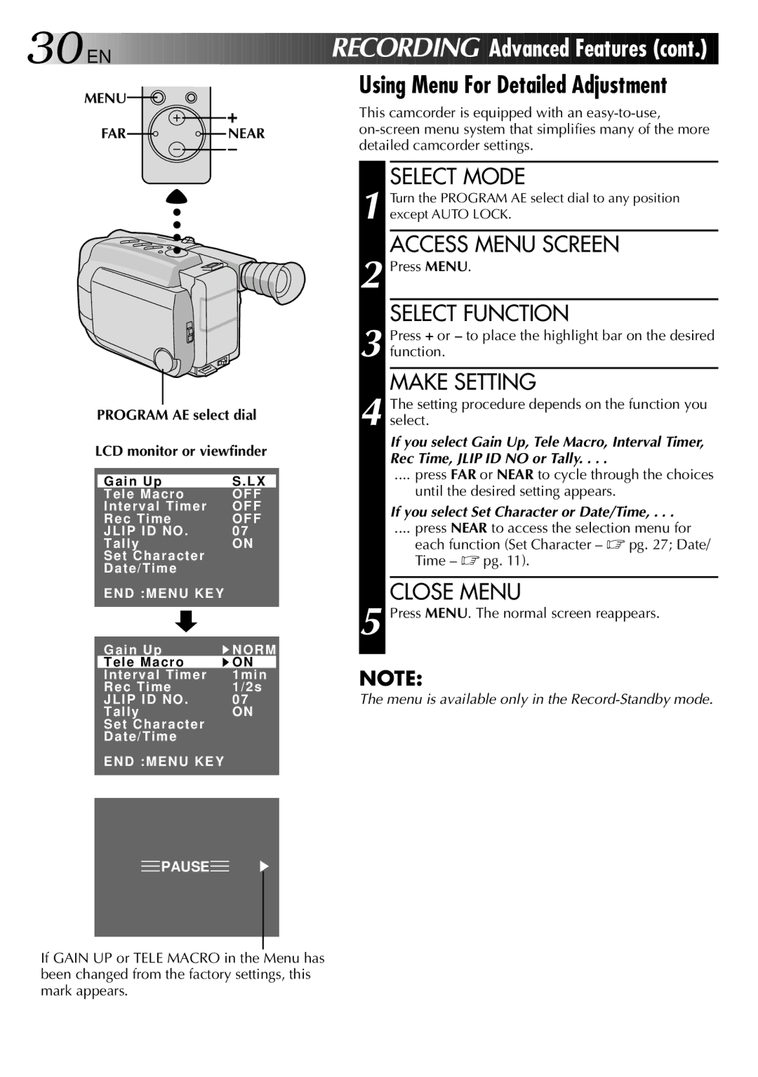 JVC GR-AXM25 Access Menu Screen, Make Setting, This camcorder is equipped with an easy-to-use, Detailed camcorder settings 