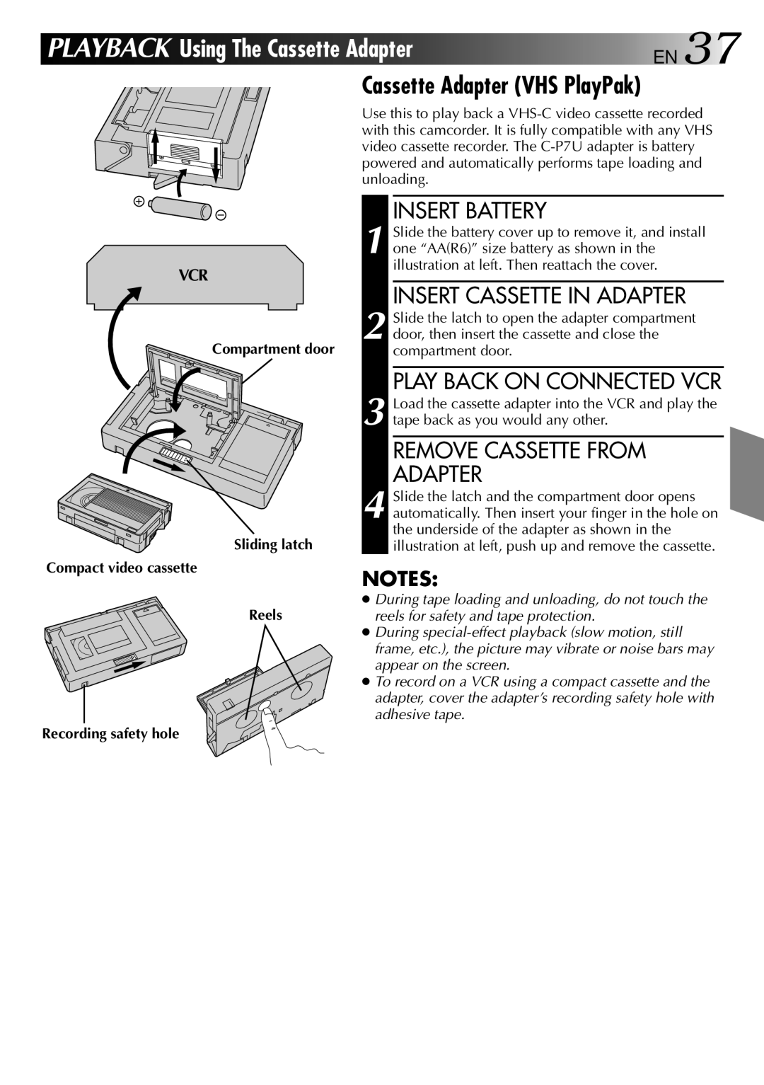 JVC GR-AXM25 manual Cassette Adapter VHS PlayPak, Insert Cassette in Adapter, Play Back on Connected VCR 