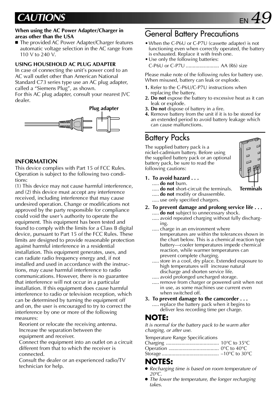 JVC GR-AXM25 manual Information, Using Household AC Plug Adapter, Plug adapter, To avoid hazard 