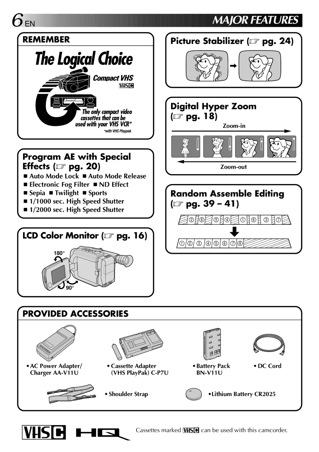 JVC GR-AXM25 manual Zoom-in, Zoom-out, Cassette Adapter Battery Pack, VHS PlayPak C-P7U BN-V11U Shoulder Strap 