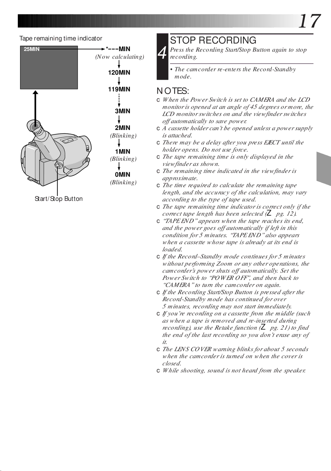 JVC GR-AXM270 manual Stop Recording, Tape remaining time indicator, Now calculating, Blinking 
