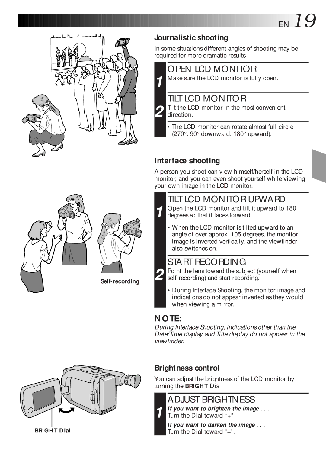 JVC GR-AXM270 manual Journalistic shooting, Interface shooting, Brightness control 
