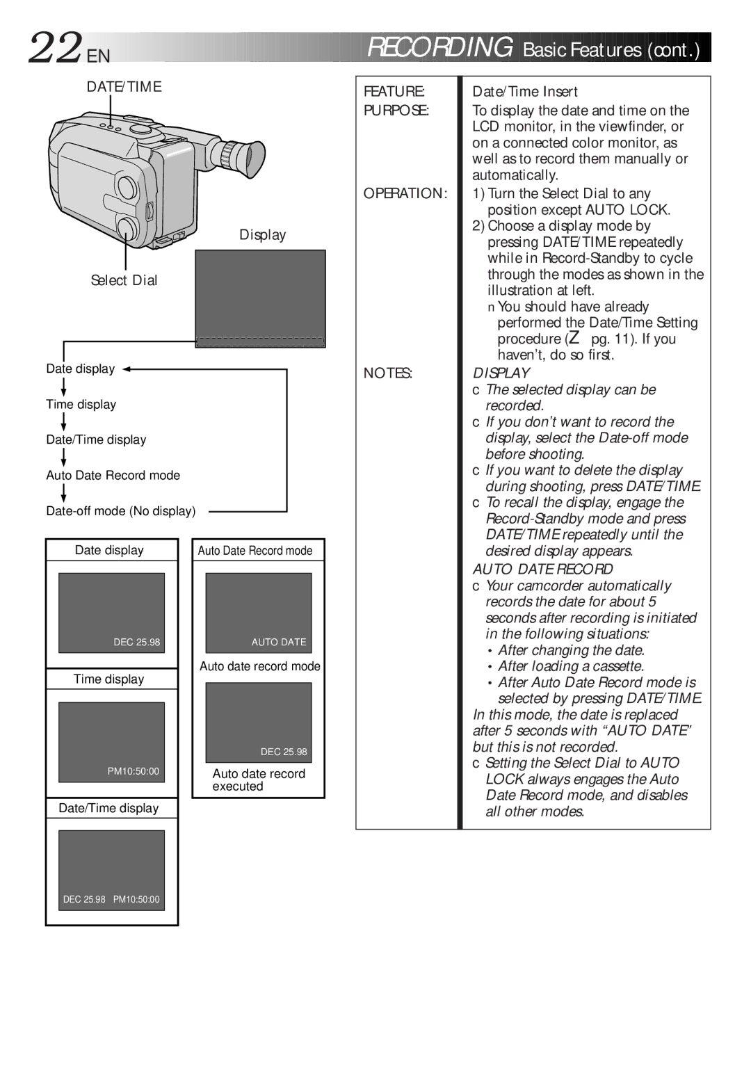 JVC GR-AXM270 manual 22 EN, Basic Features, Display Select Dial, Date/Time Insert 
