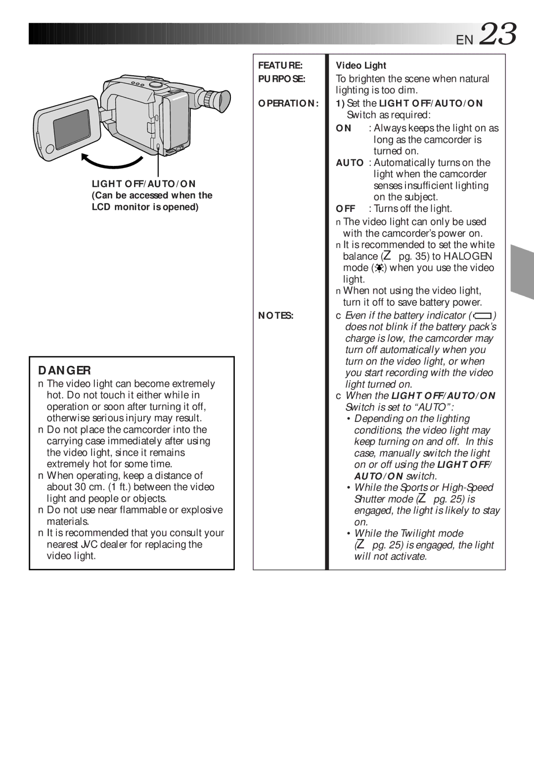 JVC GR-AXM270 manual Video Light, To brighten the scene when natural lighting is too dim, Mode when you use the video light 