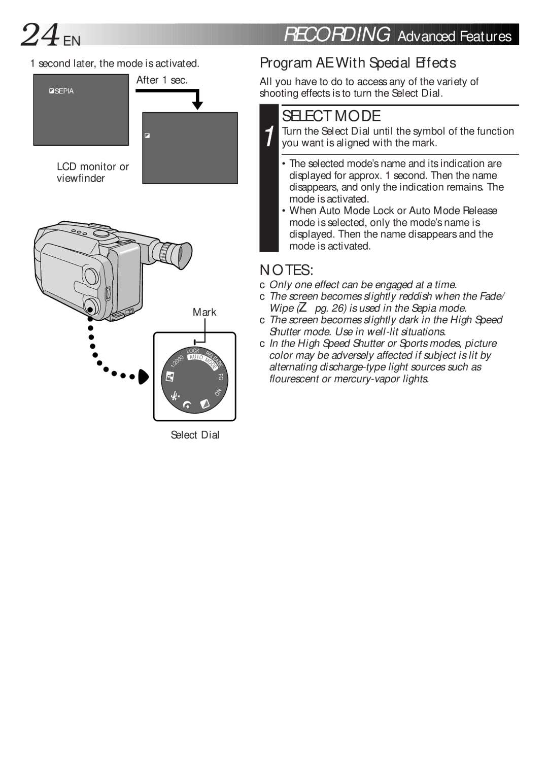 JVC GR-AXM270 manual 24 EN, Recording Advanced Features, Program AE With Special Effects, After 1 sec, Mark 