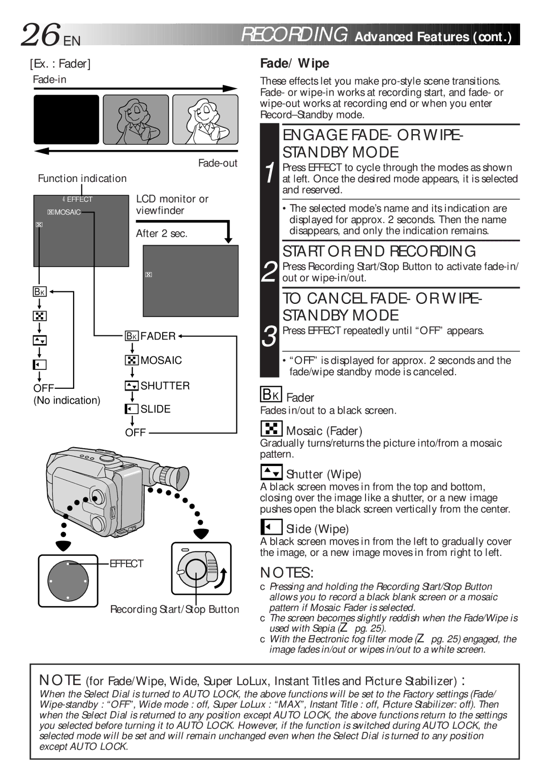 JVC GR-AXM270 manual 26 EN, Fade/Wipe, Advanced Features 