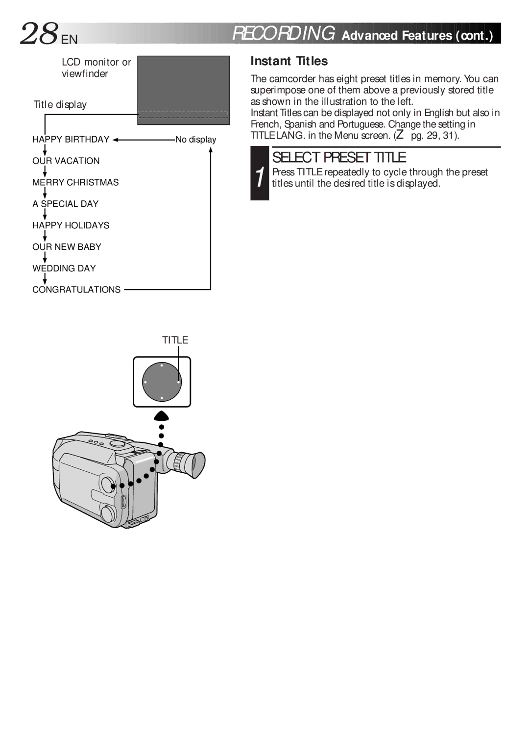 JVC GR-AXM270 manual Instant Titles, Select Preset Title, LCD monitor or viewfinder Title display 