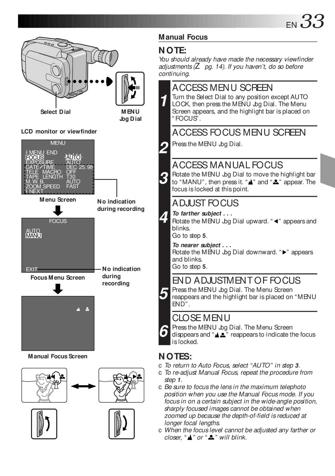 JVC GR-AXM270 manual Focus Menu Screen, Manual Focus Screen 