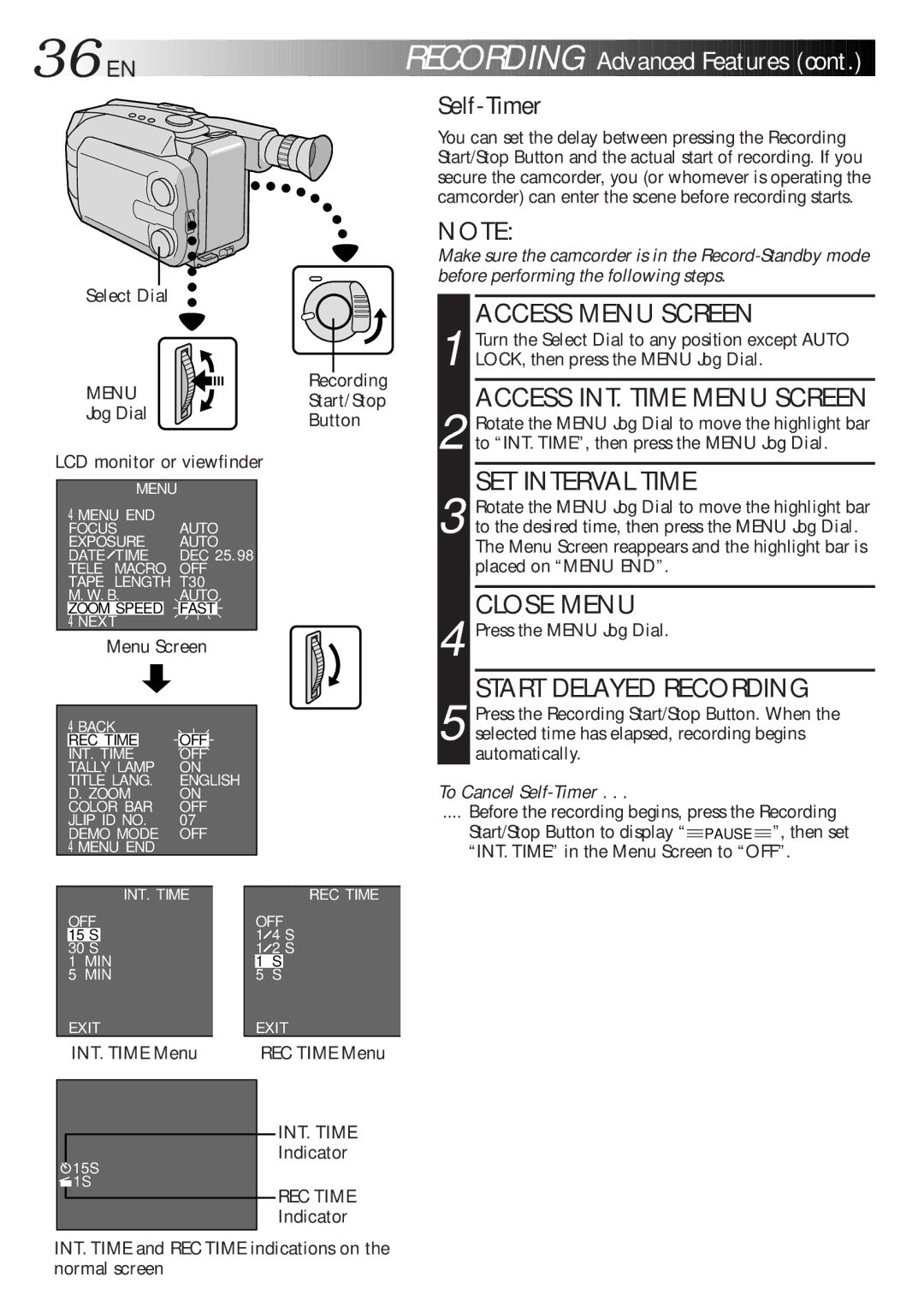 JVC GR-AXM270 manual INT. Time Menu, REC Time Menu, Indicator 