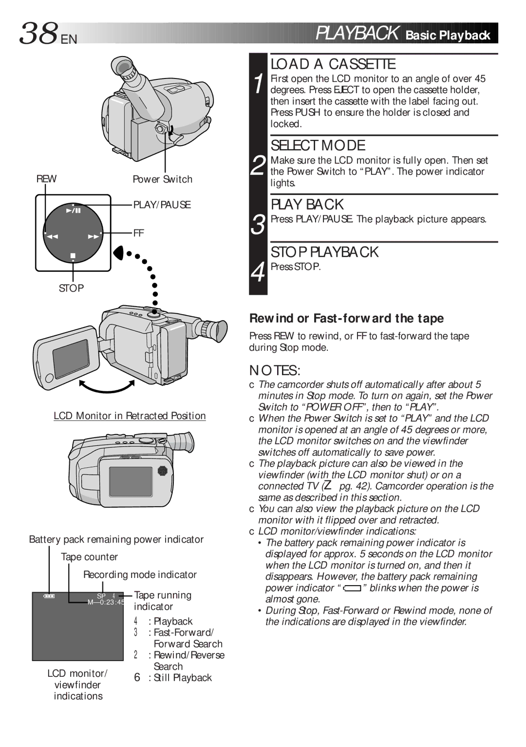 JVC GR-AXM270 manual 38 EN, Playback Basic Playback, Rewind or Fast-forward the tape, Play Back, Stop Playback 