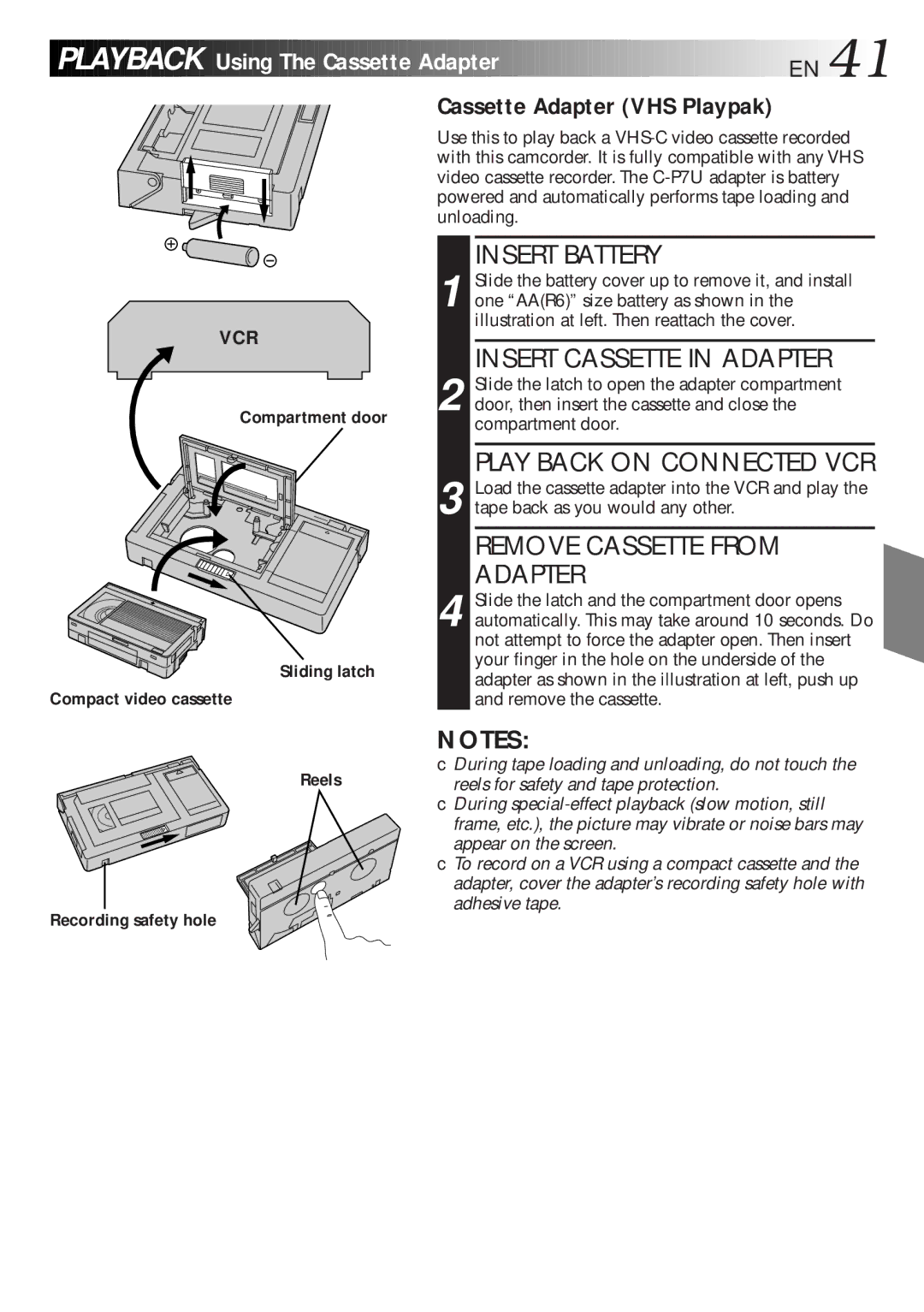 JVC GR-AXM270 manual Using The Cassette Adapter EN, Cassette Adapter VHS Playpak, Insert Cassette in Adapter 