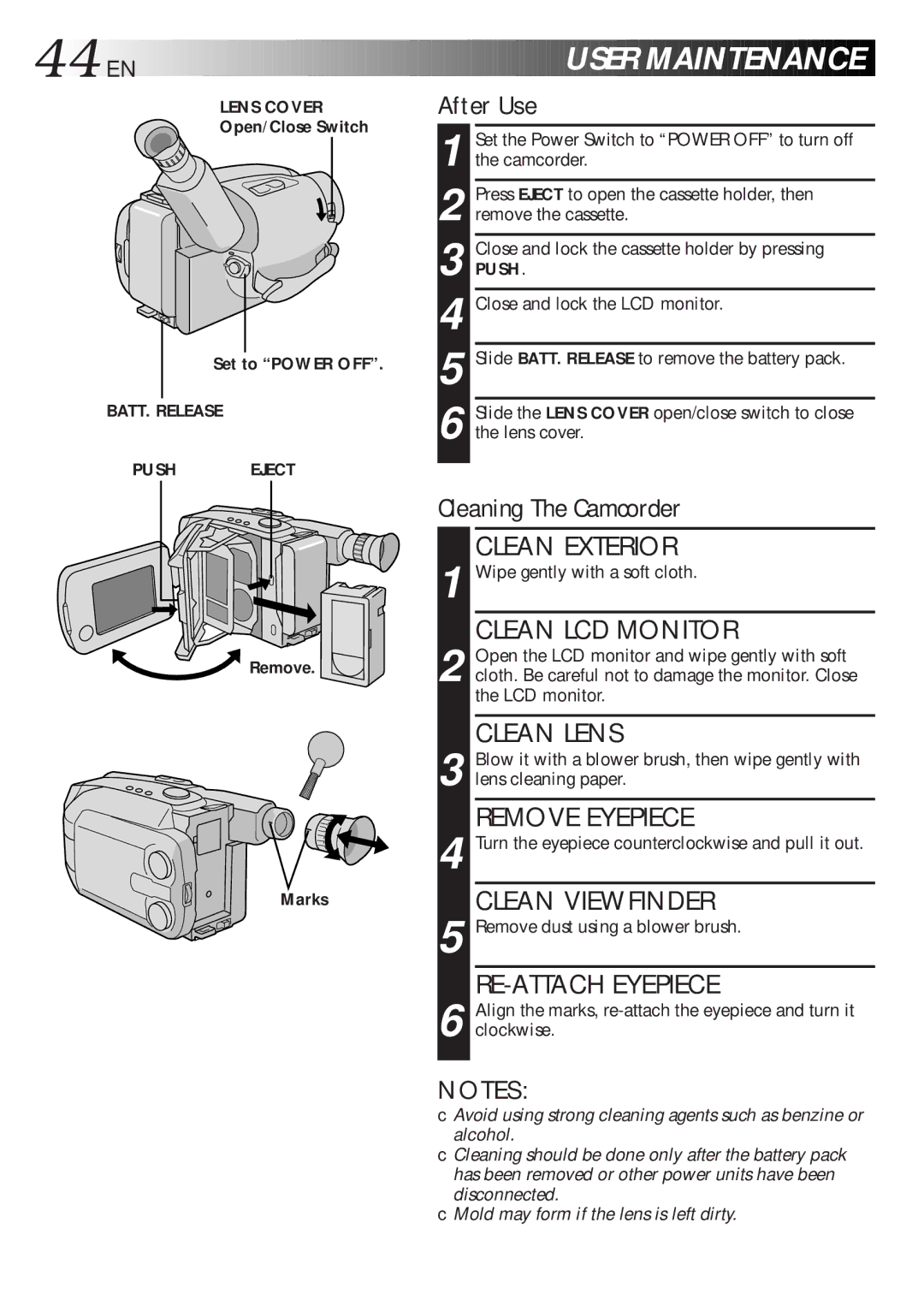 JVC GR-AXM270 manual 44 EN, After Use, Open/Close Switch Set to Power OFF, Remove Marks 