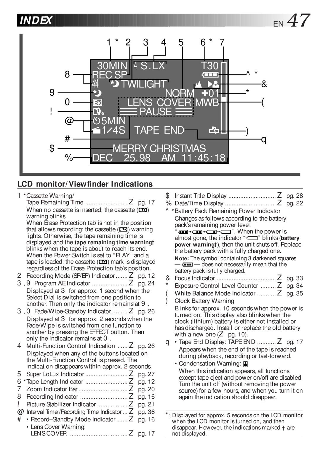 JVC GR-AXM270 Recording Mode SP/EP Indicator Program AE Indicator, # Record-Standby Mode Indicator Lens Cover Warning 