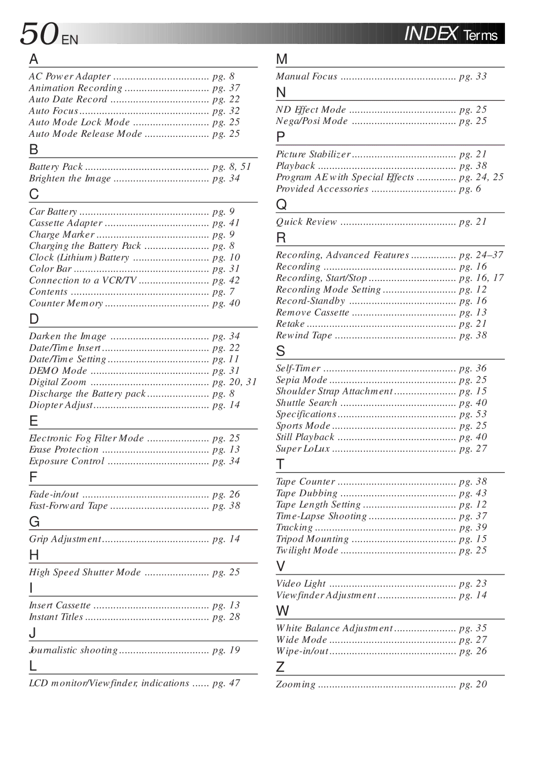 JVC GR-AXM270 manual 50 EN, Index, Terms 