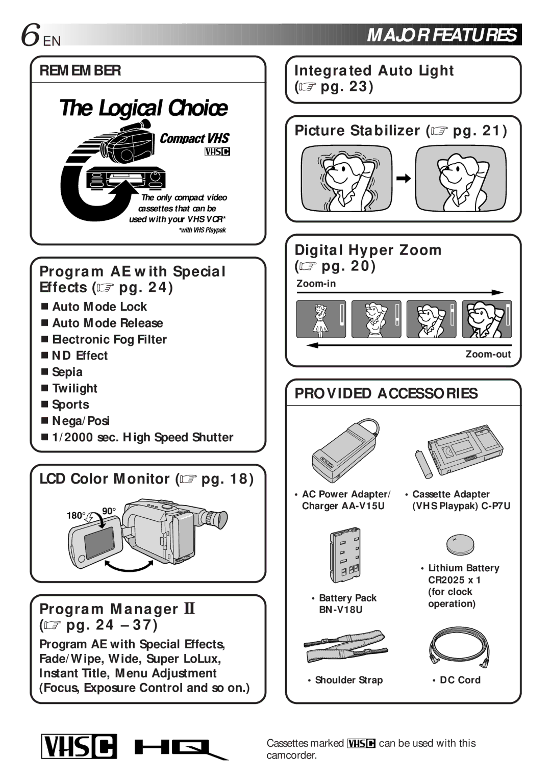 JVC GR-AXM270 EN Major Features, Zoom-in Zoom-out, Cassette Adapter, Cassettes marked can be used with this camcorder 