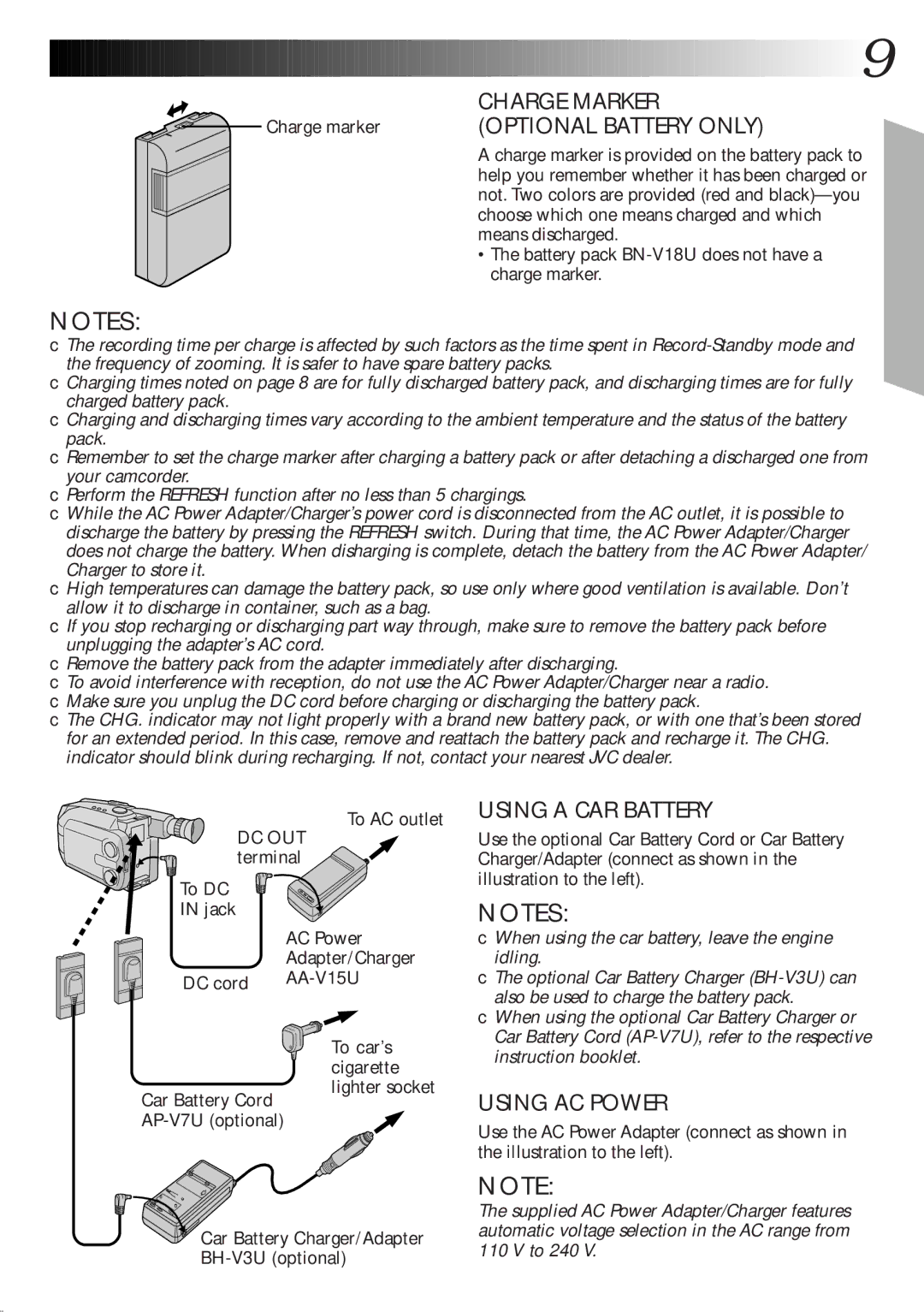 JVC GR-AXM270 manual Charge marker, To AC outlet DC OUT terminal To DC Jack AC Power, DC cord AA-V15U To car’s Cigarette 