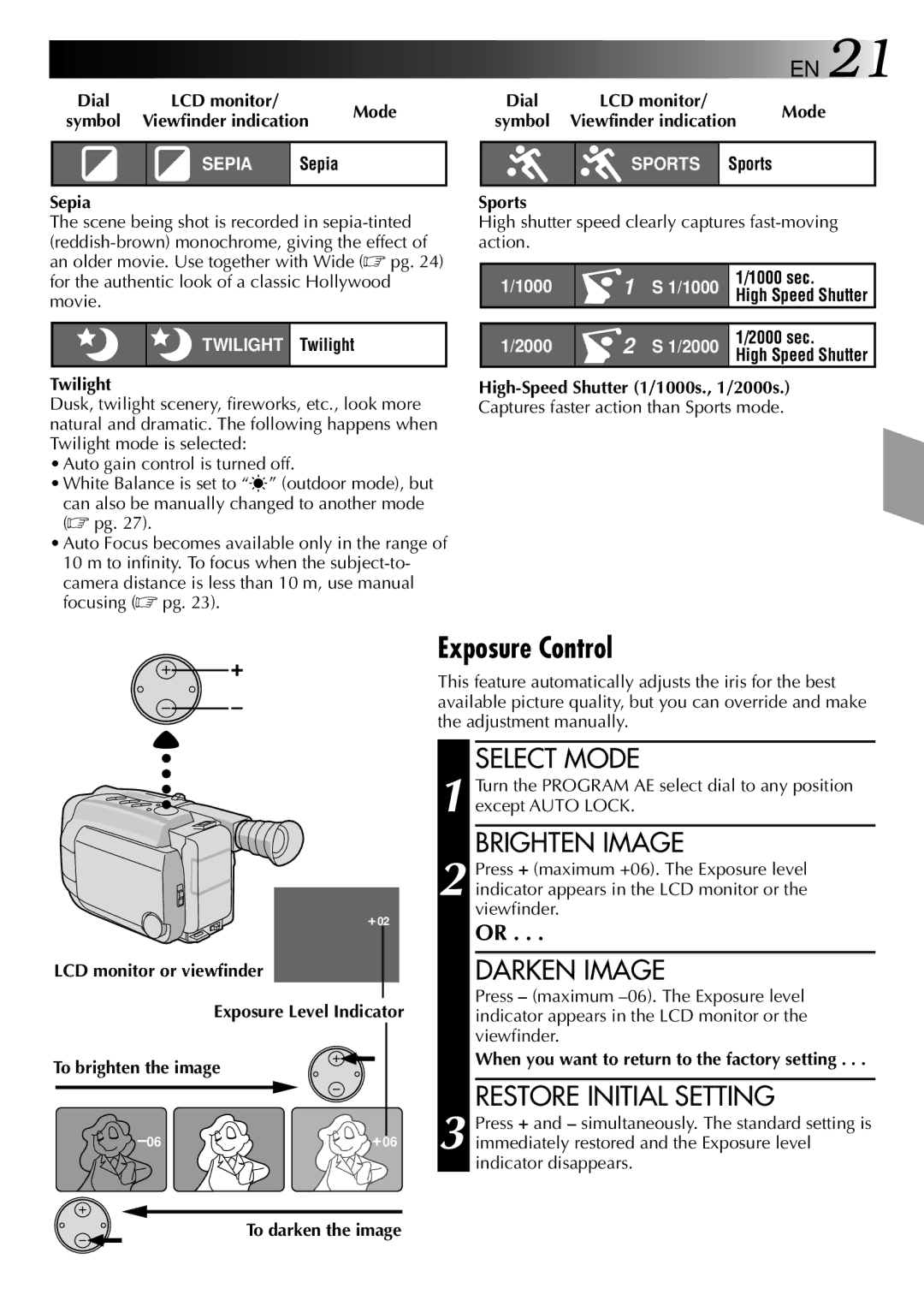 JVC GR-AXM30 manual Exposure Control, Brighten Image, Darken Image, Restore Initial Setting 