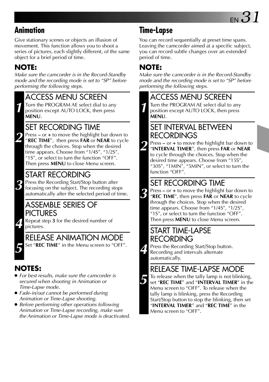 JVC GR-AXM30 manual Animation, Time-Lapse 