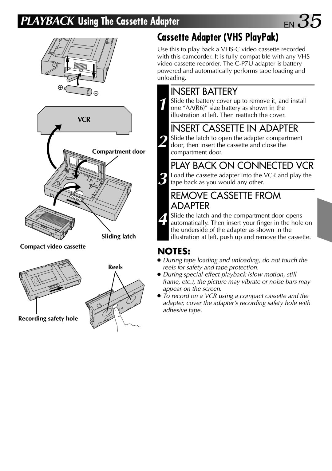 JVC GR-AXM30 manual Cassette Adapter VHS PlayPak, Insert Cassette in Adapter, Play Back on Connected VCR 