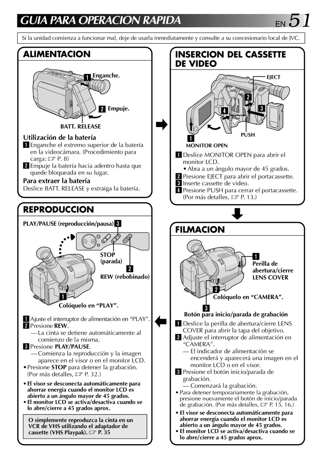 JVC GR-AXM30 manual PLAY/PAUSE reproducción/pausa3, REW rebobinado Colóquelo en Play 