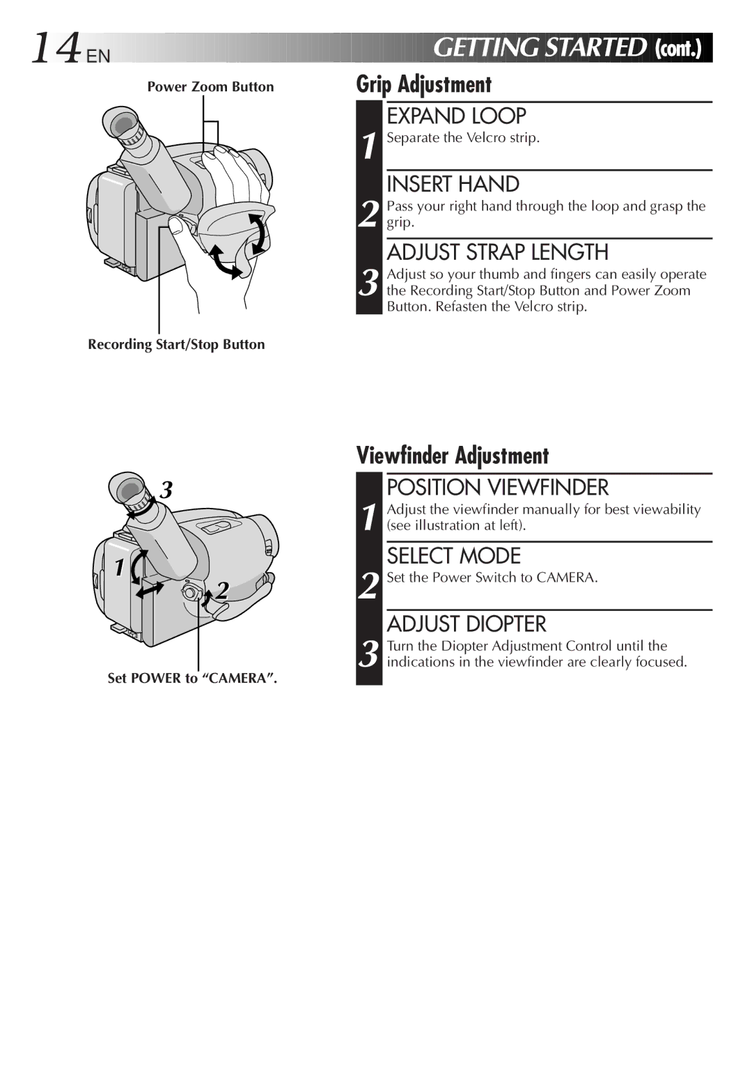 JVC GR-AXM300 manual Grip Adjustment, Viewfinder Adjustment 