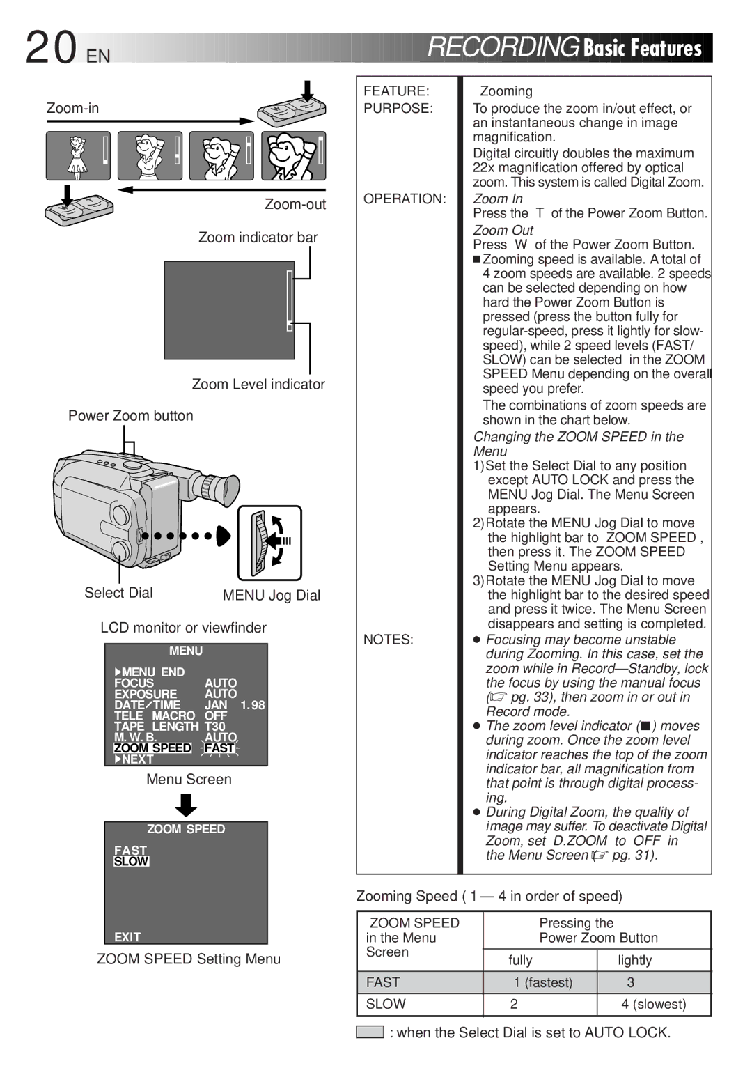 JVC GR-AXM300 manual EN Recording Basic Features, Menu Screen, Zoom Speed Setting Menu Zooming Speed 1 4 in order of speed 