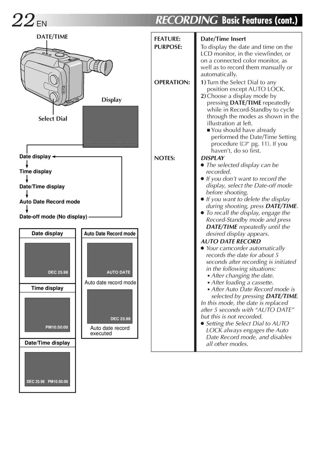 JVC GR-AXM300 manual Basic Features, Display Select Dial, Feature Purpose Operation, Date/Time Insert 