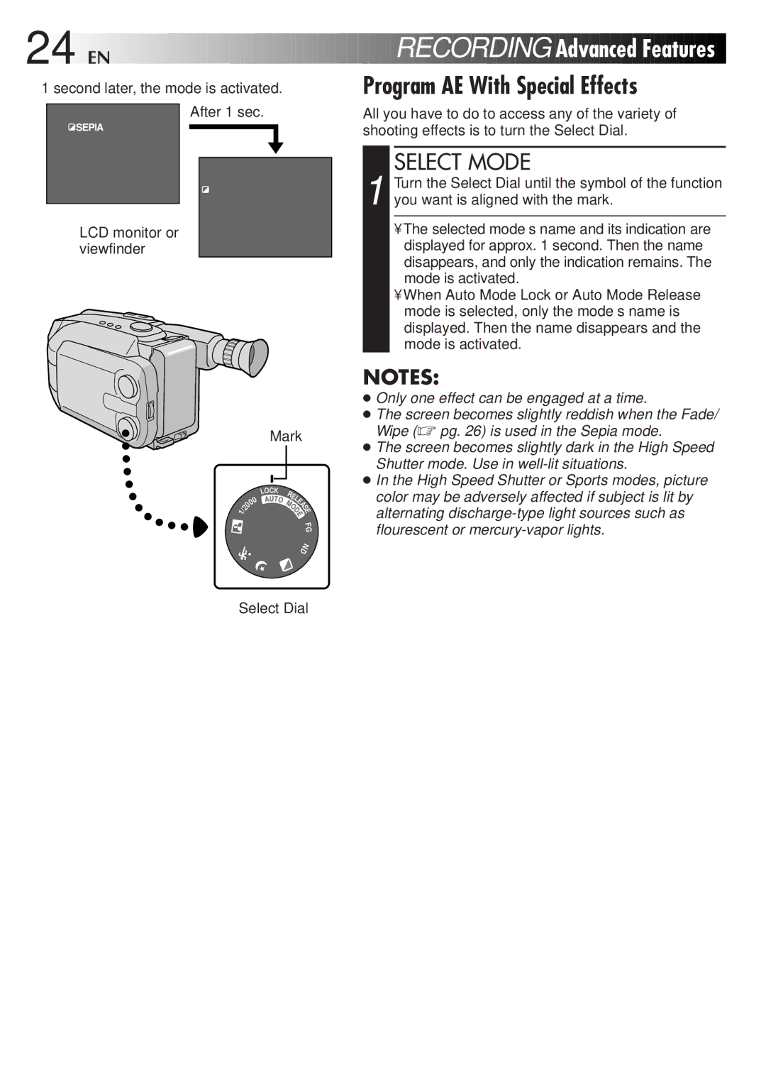 JVC GR-AXM300 manual Recording Advanced Features, Program AE With Special Effects, After 1 sec, Mark 