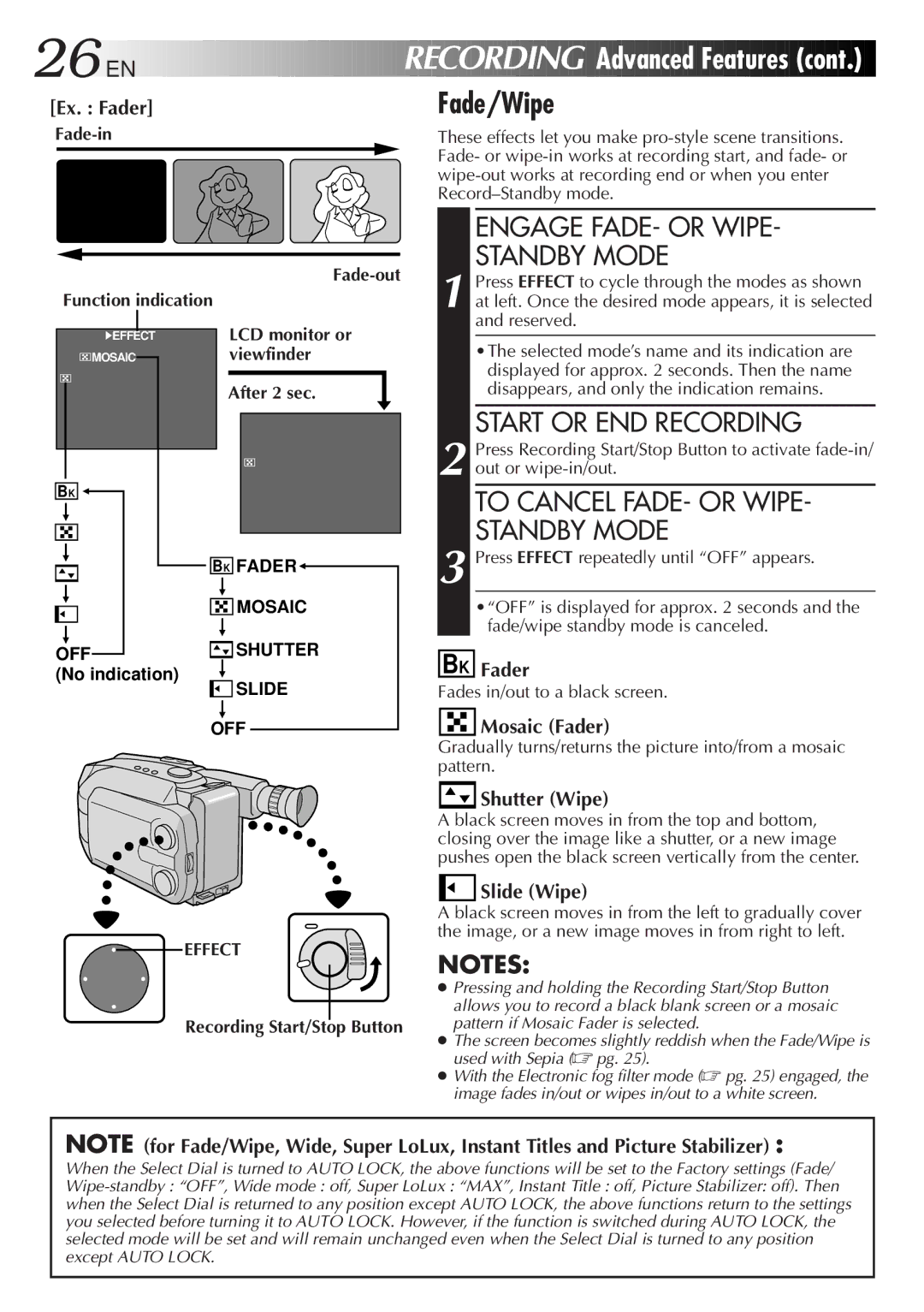 JVC GR-AXM300 manual Fade/Wipe, Advanced Features, Engage FADE- or Wipe Standby Mode, Start or END Recording 