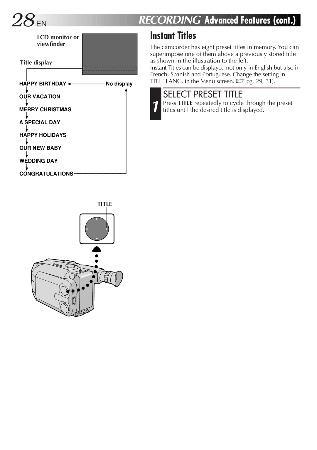 JVC GR-AXM300 manual Instant Titles, Select Preset Title, LCD monitor or viewfinder Title display 