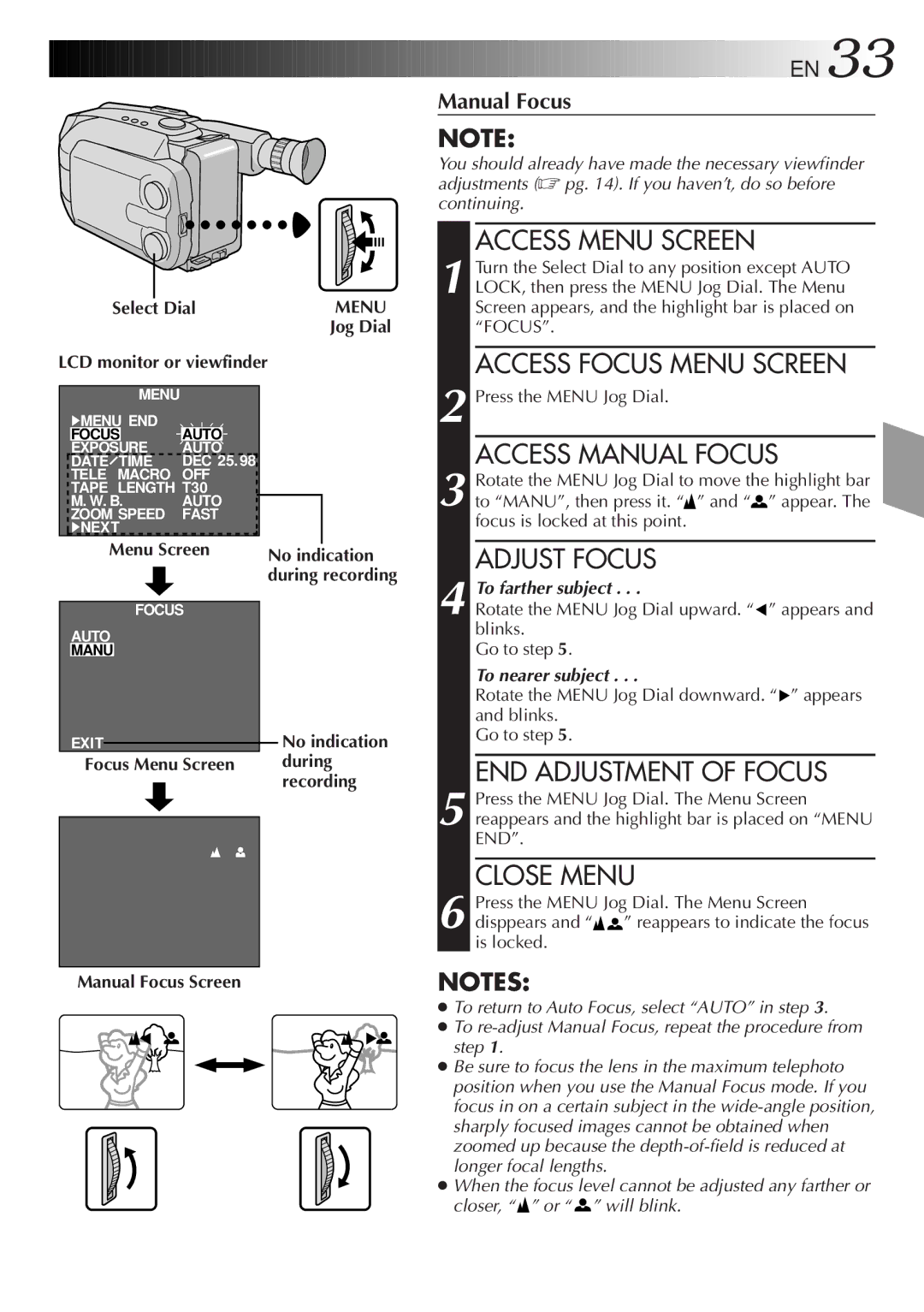 JVC GR-AXM300 manual END Adjustment of Focus, Focus Menu Screen, Manual Focus Screen 