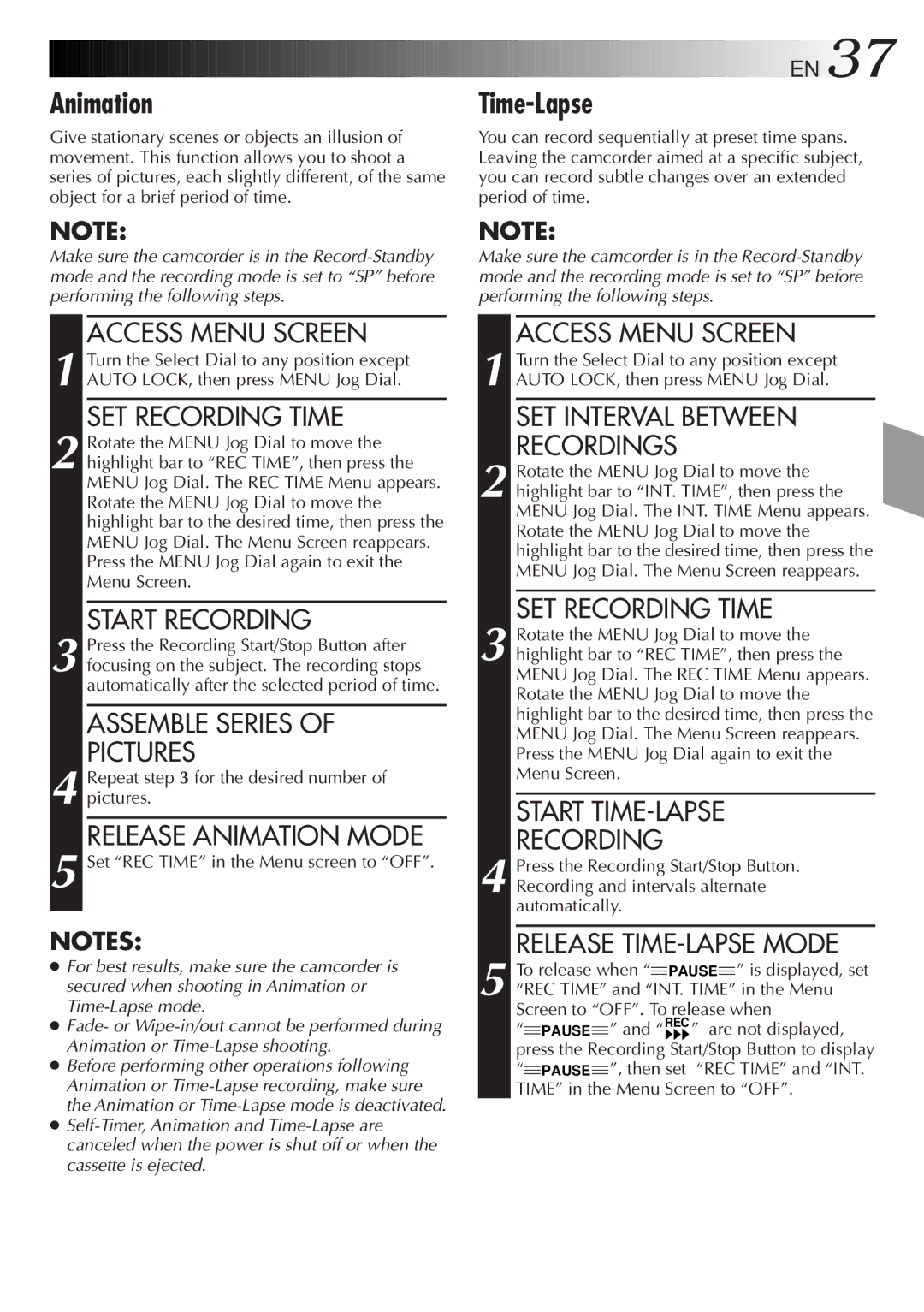JVC GR-AXM300 manual Time-Lapse, Release Animation Mode, SET Interval Between Recordings, SET Recording Time 