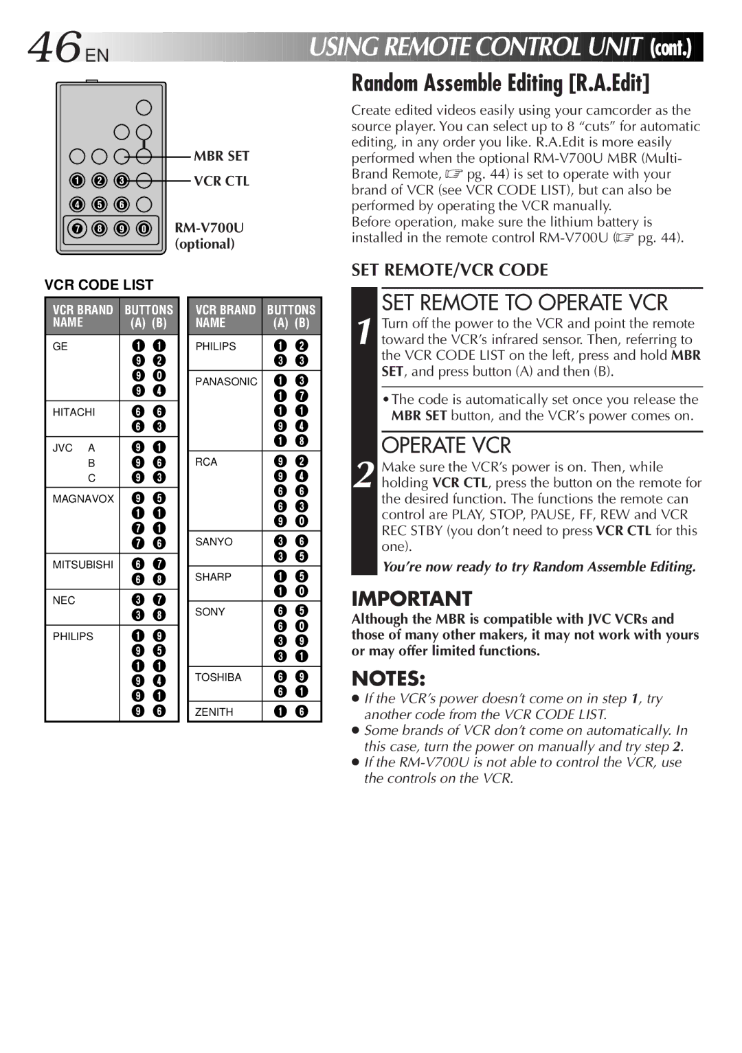 JVC GR-AXM300 manual Using Remote Control Unit, Random Assemble Editing R.A.Edit, SET Remote to Operate VCR, Mbr Set 