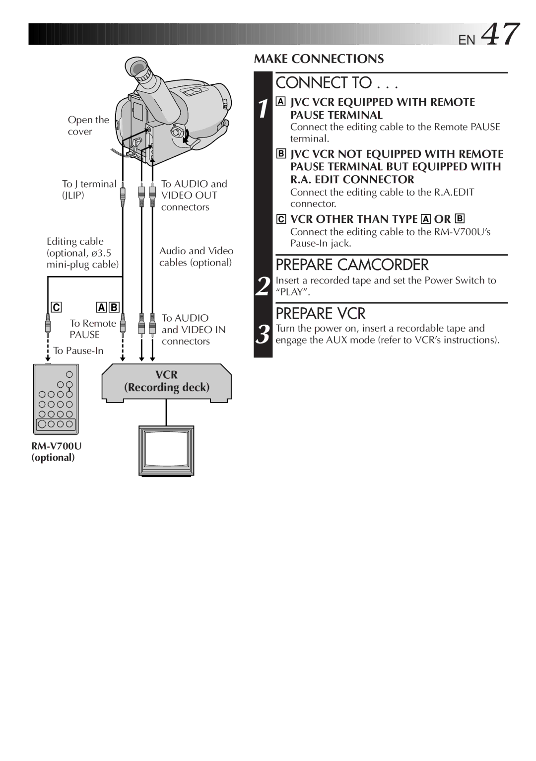 JVC GR-AXM300 manual Connect to, Prepare Camcorder, Prepare VCR, Recording deck, RM-V700U optional 