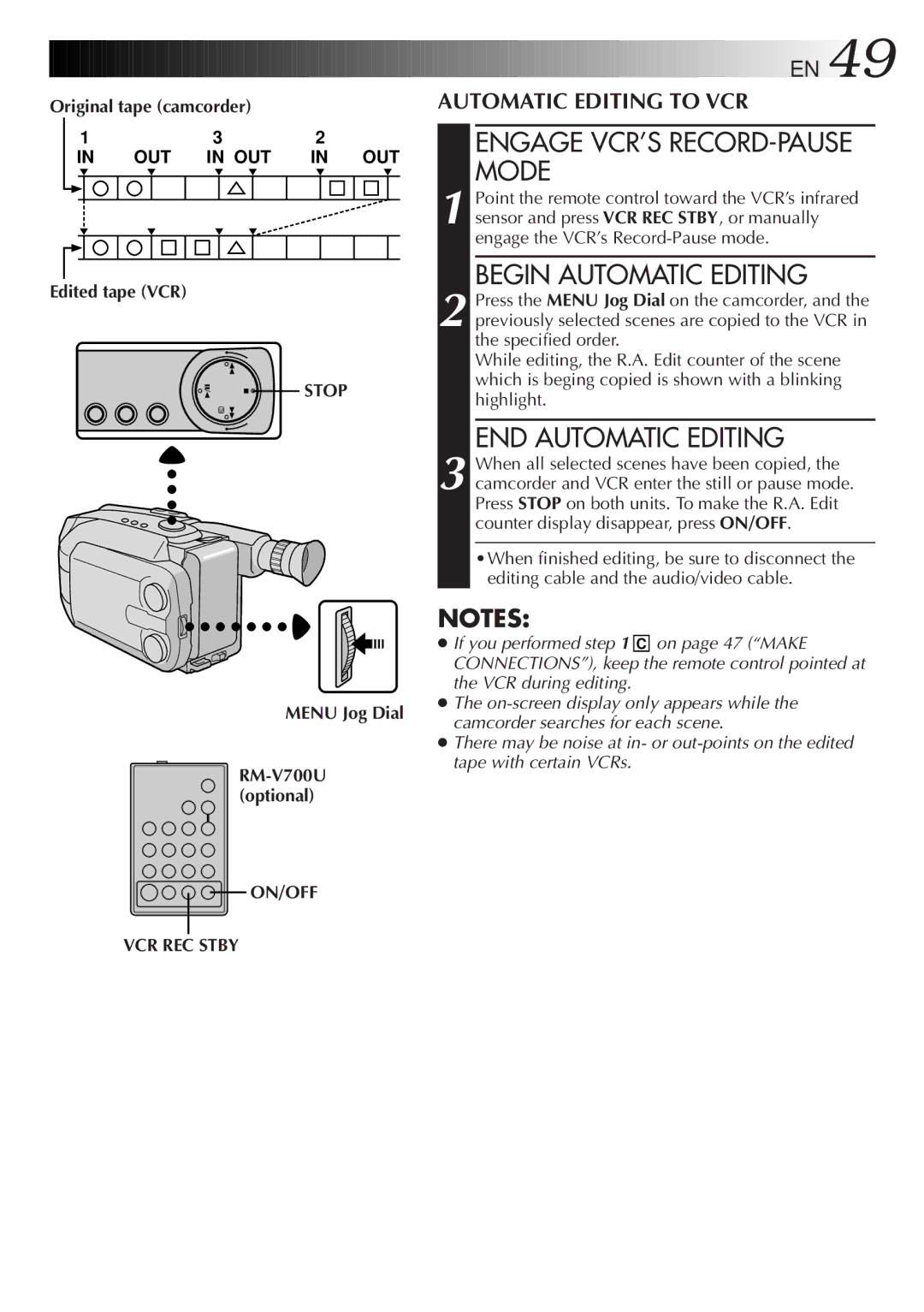 JVC GR-AXM300 manual Engage VCR’S RECORD-PAUSE Mode, Begin Automatic Editing, END Automatic Editing, ON/OFF VCR REC Stby 