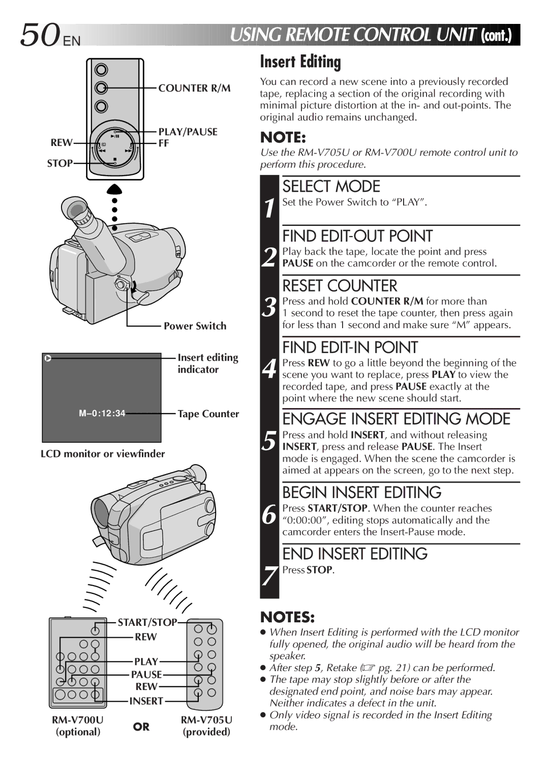 JVC GR-AXM300 manual Counter R/M REW, START/STOP REW Play Pause Insert, RM-V700URM-V705U Optional or provided 