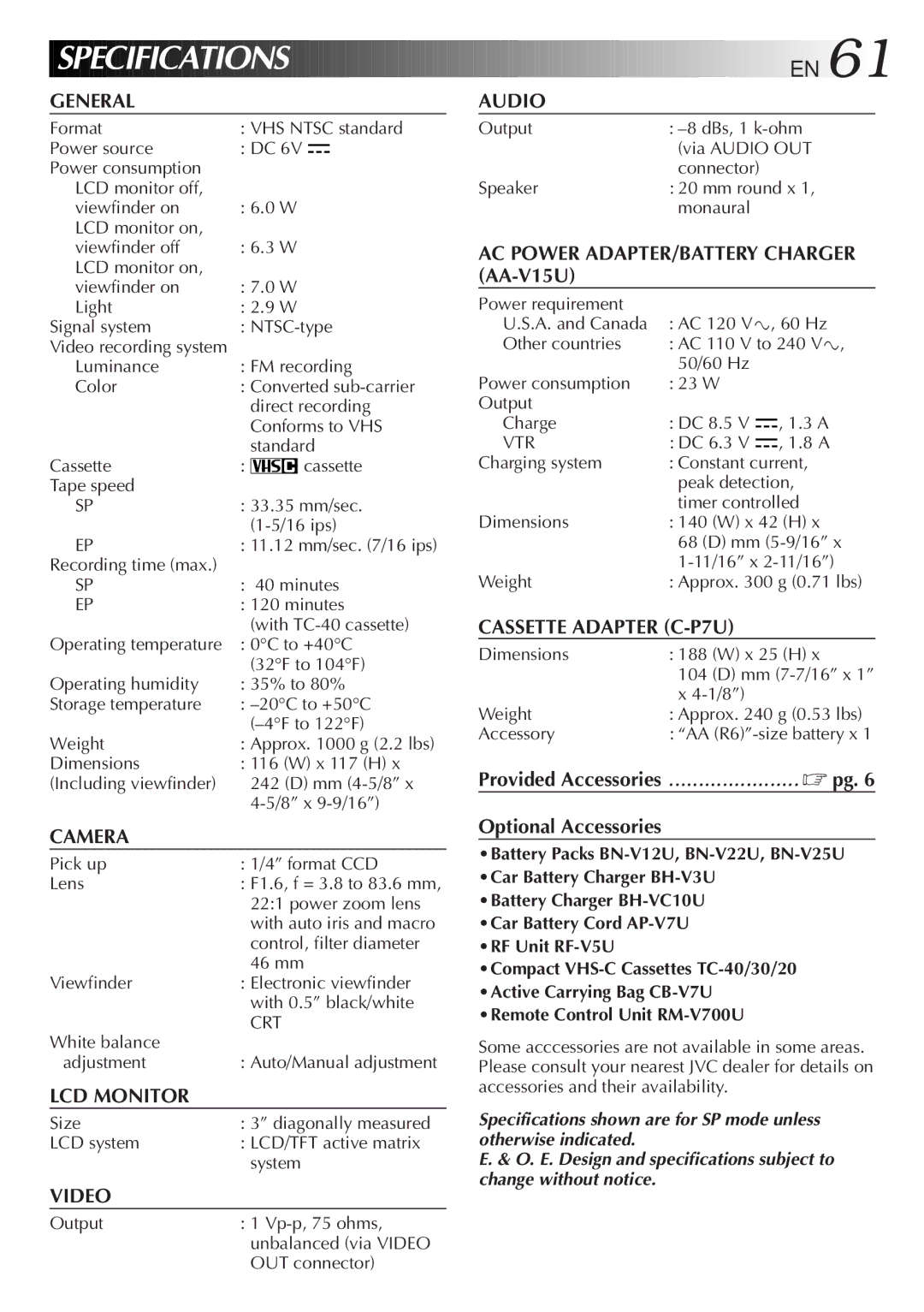 JVC GR-AXM300 manual Specifications, Provided Accessories ...................... pg, Optional Accessories 